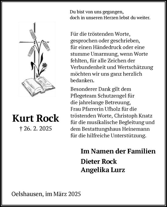 Traueranzeige von Kurt Rock von HNA