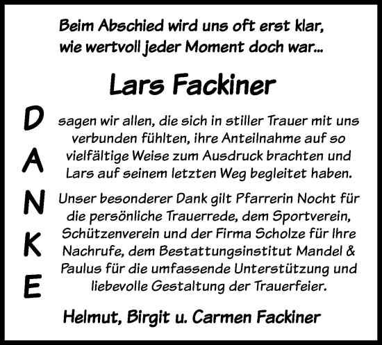 Traueranzeige von Lars Fackiner von HNA