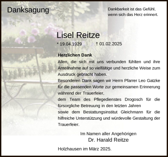 Traueranzeige von Lisel Reitze von HNA