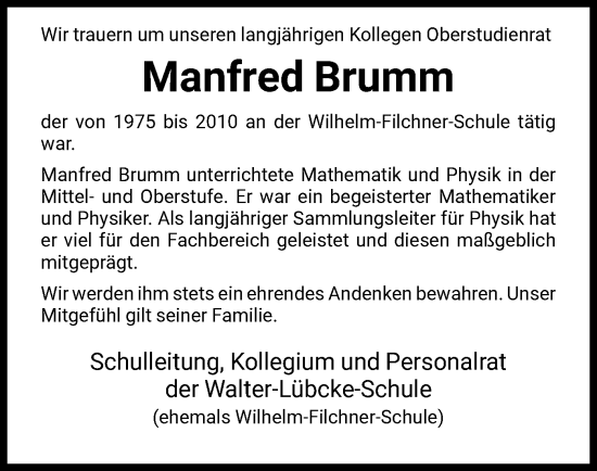 Traueranzeige von Manfred Brumm von HNA