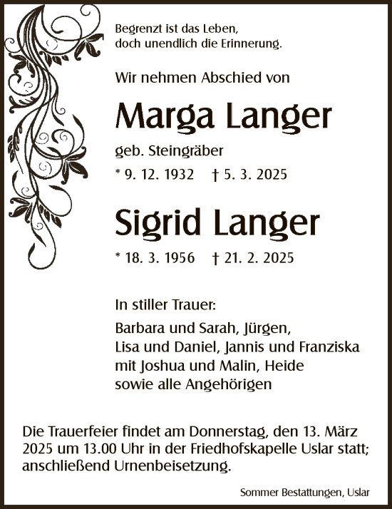 Traueranzeige von Marga und Sigrid Langer von HNA