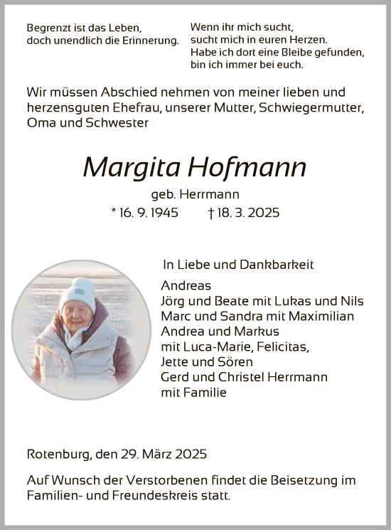 Traueranzeige von Margita Hofmann von HNA
