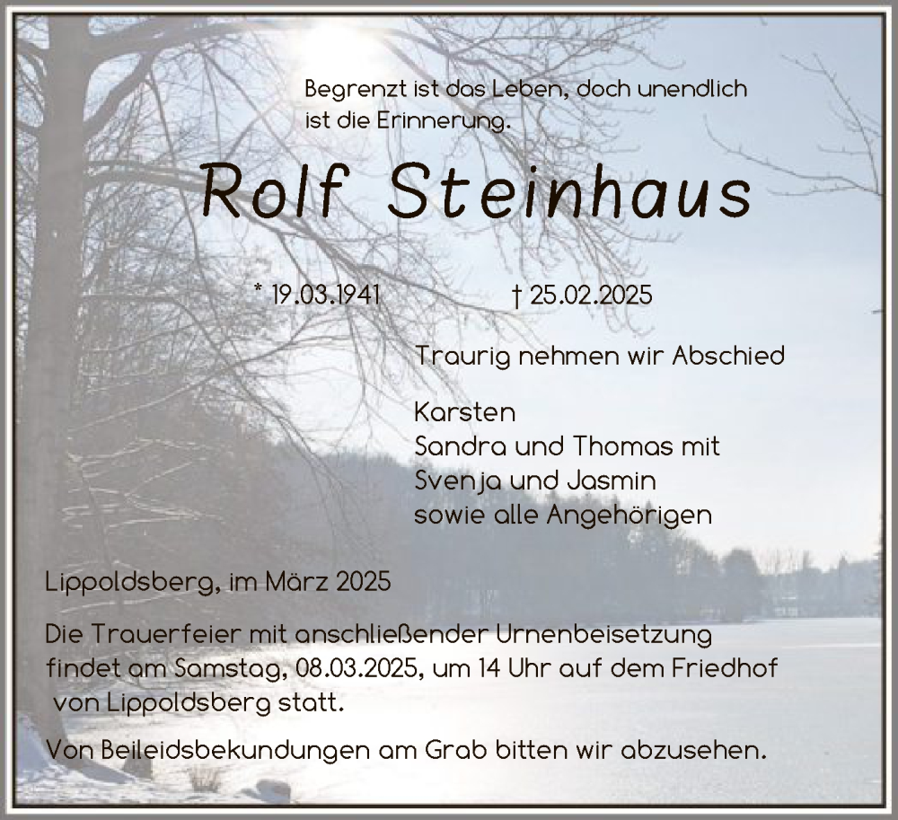  Traueranzeige für Rolf Steinhaus vom 05.03.2025 aus HNA
