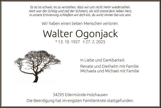 Traueranzeige von Walter Ogonjack von HNA