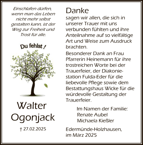 Traueranzeige von Walter Ogonjack von HNA