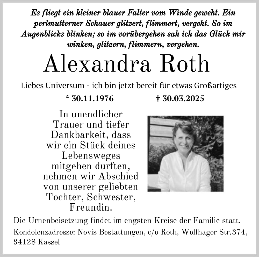  Traueranzeige für Alexandra Roth vom 05.04.2025 aus HNA