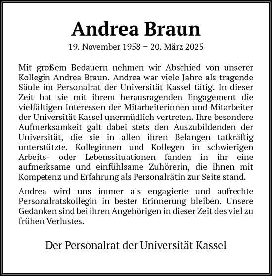 Traueranzeige von Andrea Braun von HNA