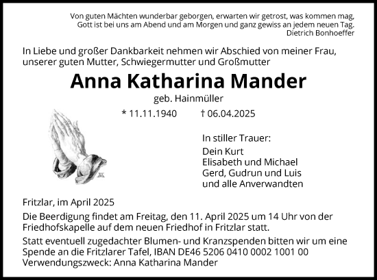 Traueranzeige von Anna Katharina Mander von HNAHNA
