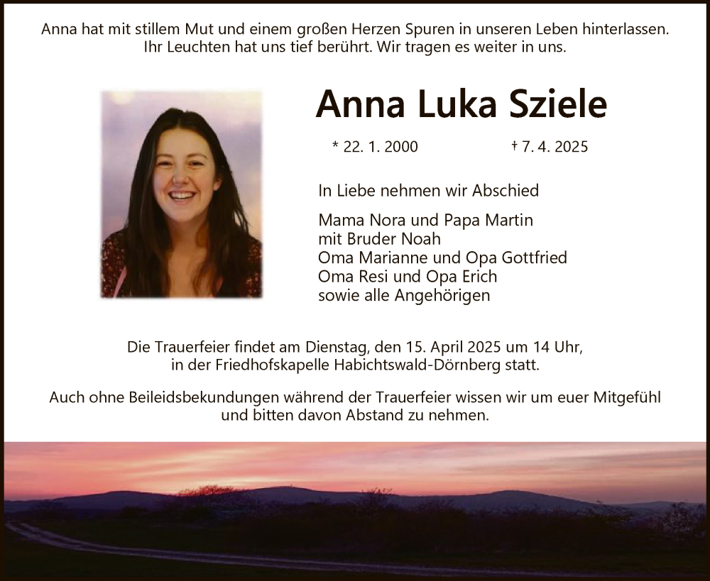  Traueranzeige für Anna Luka Sziele vom 12.04.2025 aus HNAHNA