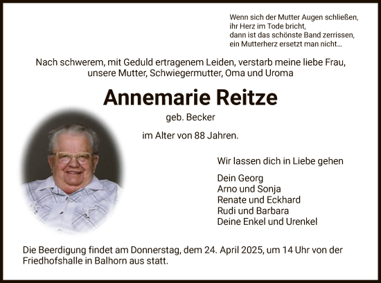 Traueranzeige von Annemarie Reitze von HNA