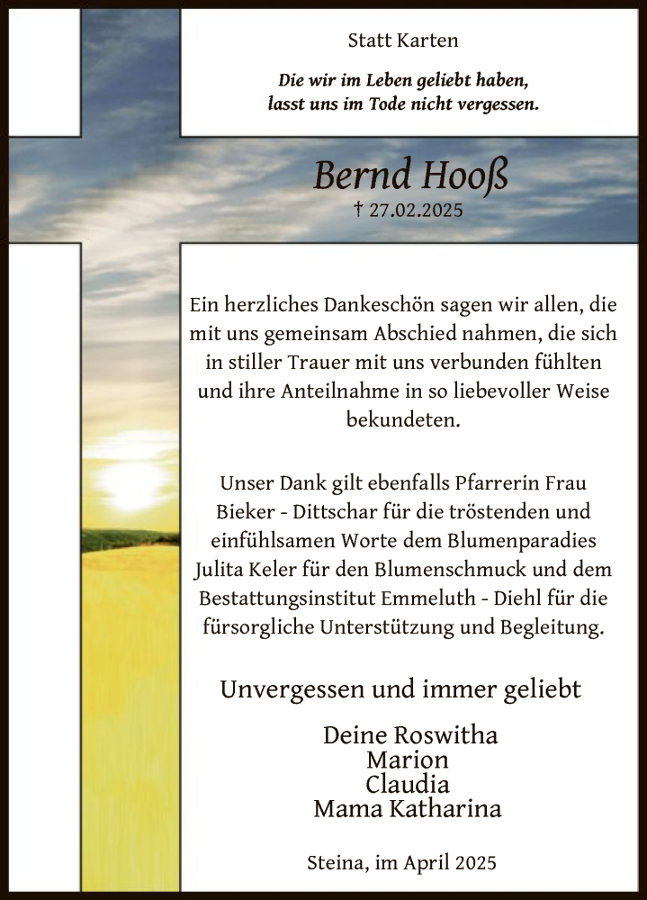  Traueranzeige für Bernd Hooß vom 26.04.2025 aus HNA