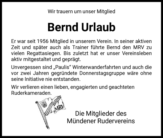 Traueranzeige von Bernd Urlaub von HNA