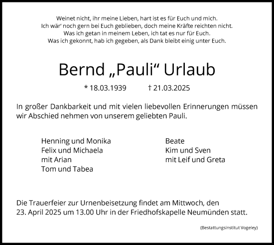 Traueranzeige von Bernd Urlaub von HNA