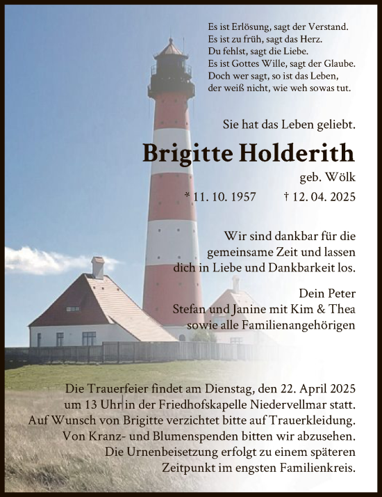 Traueranzeige von Brigitte Holderith von HNA