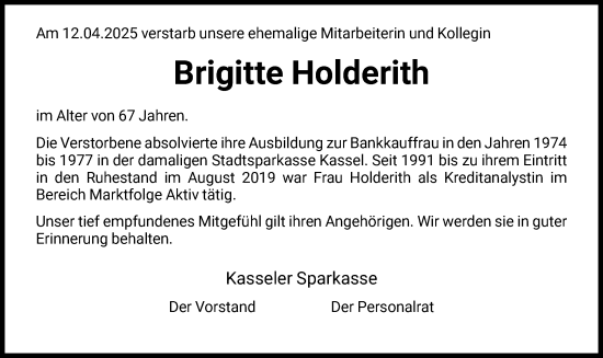 Traueranzeige von Brigitte Holderith von HNA