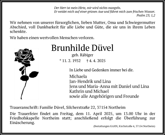 Traueranzeige von Brunhilde Düvel von HNA