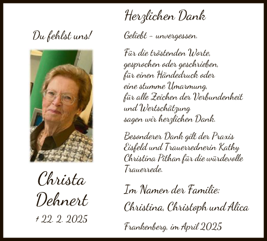 Traueranzeige von Christa Dehnert von HNA