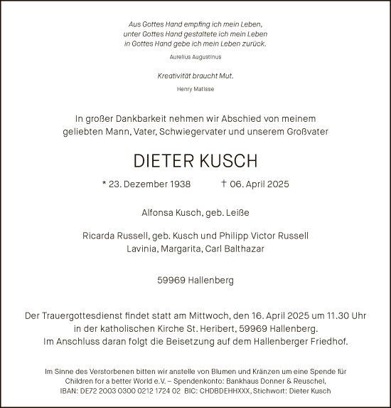 Traueranzeige von Dieter Kusch von HNA