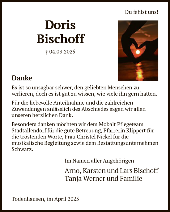 Traueranzeige von Doris Bischoff von HNAHNA