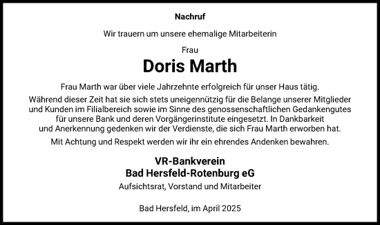 Traueranzeige von Doris Marth von HNA