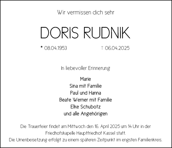 Traueranzeige von Doris Rudnik von HNAHNA