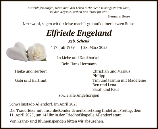 Traueranzeige von Elfriede Engeland von HNA