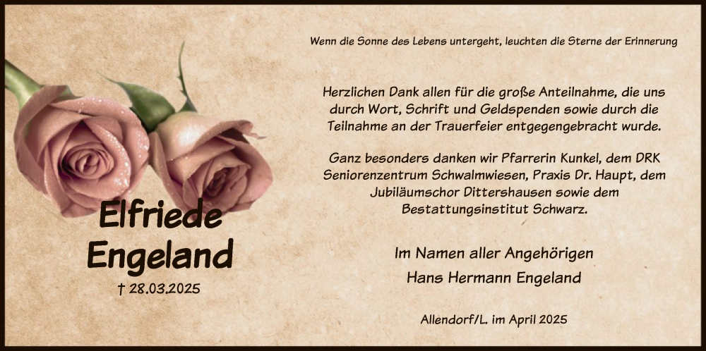  Traueranzeige für Elfriede Engeland vom 19.04.2025 aus HNA