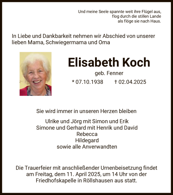 Traueranzeige von Elisabeth Koch von HNA