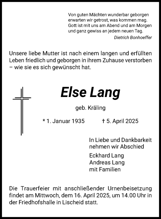 Traueranzeige von Else Lang von HNA