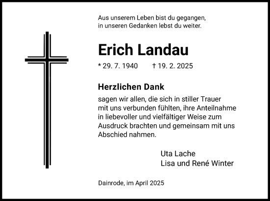 Traueranzeige von Erich Landau von HNA