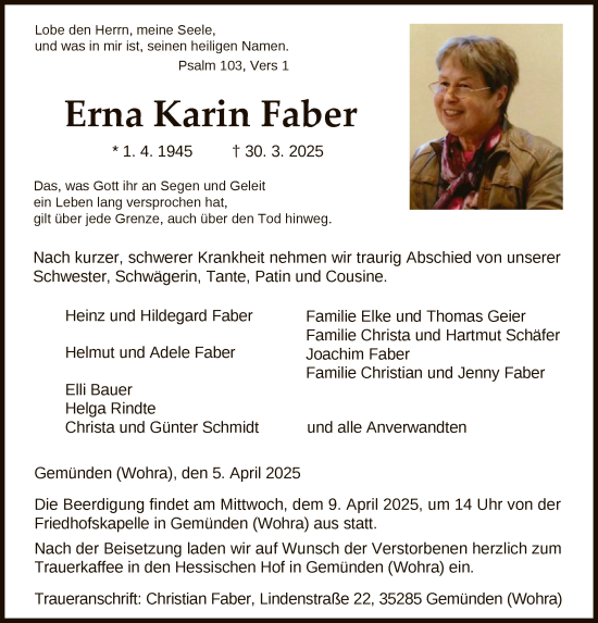 Traueranzeige von Erna Karin Faber von HNA