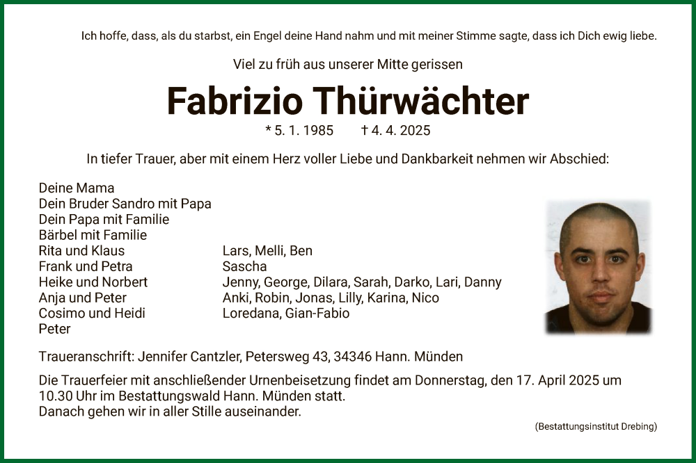  Traueranzeige für Fabrizio Thürwächter vom 12.04.2025 aus HNA