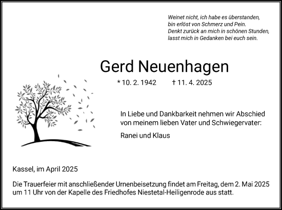 Traueranzeige von Gerd Neuenhagen von HNA
