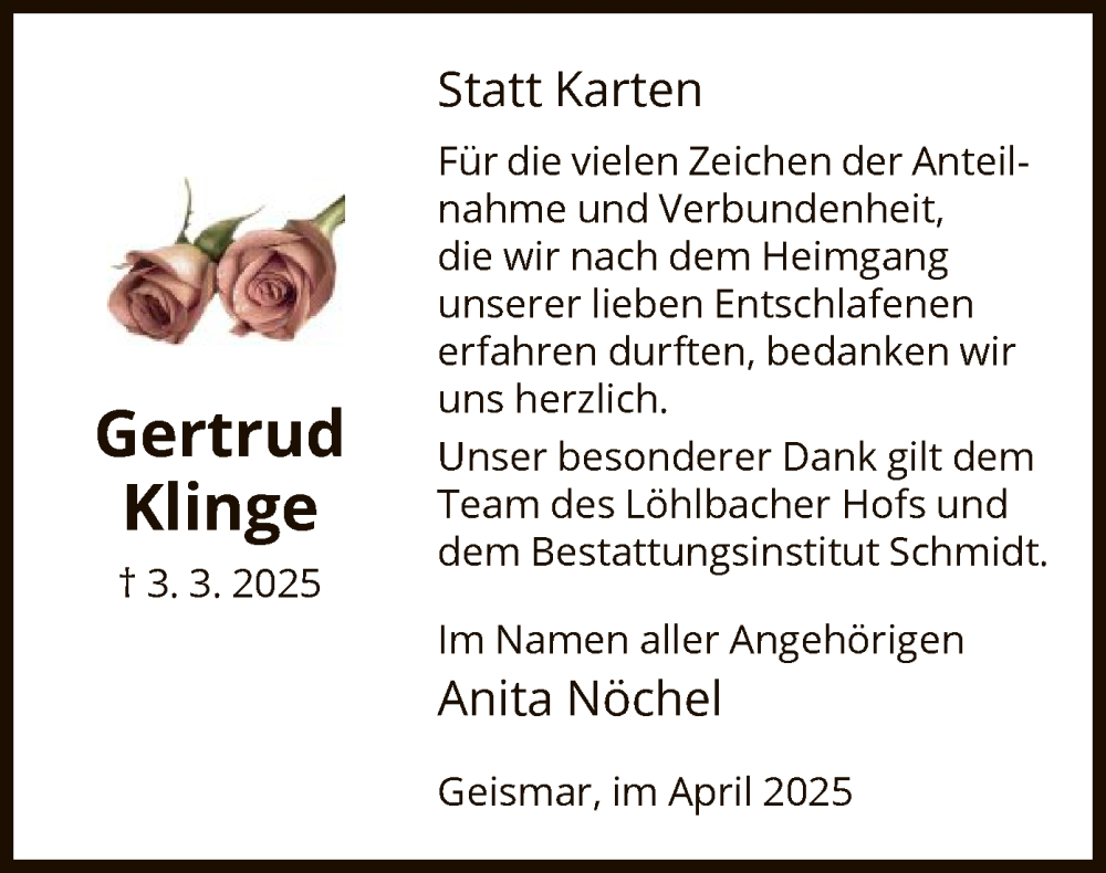  Traueranzeige für Gertrud Klinge vom 09.04.2025 aus HNA