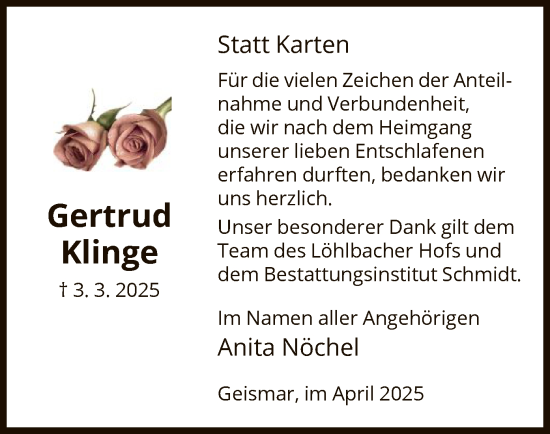 Traueranzeige von Gertrud Klinge von HNA