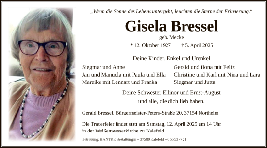 Traueranzeige von Gisela Bressel von HNA