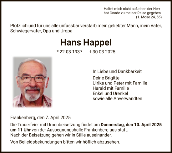 Traueranzeige von Hans Happel von HNA