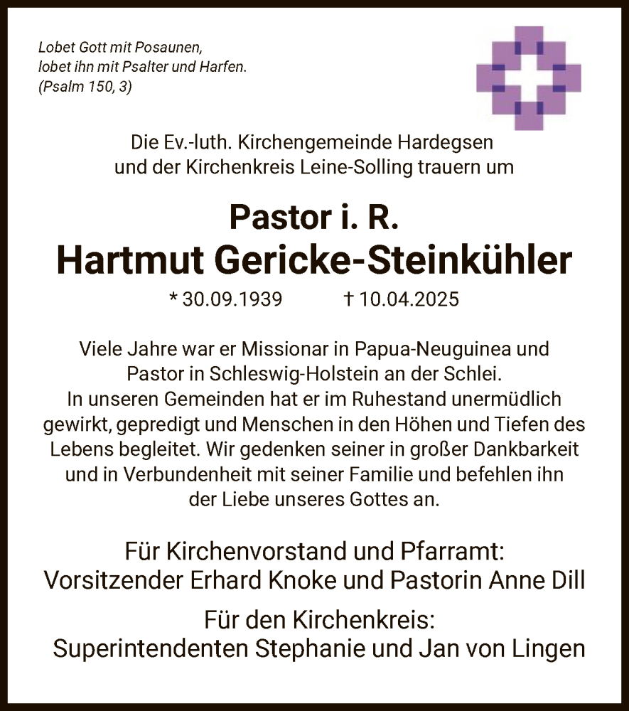  Traueranzeige für Hartmut Gericke-Steinkühler vom 26.04.2025 aus HNA
