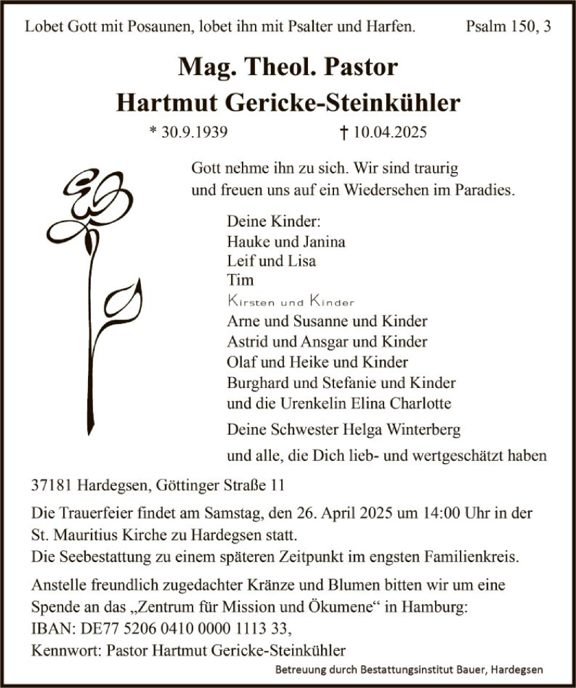  Traueranzeige für Hartmut Gericke-Steinkühler vom 19.04.2025 aus HNA