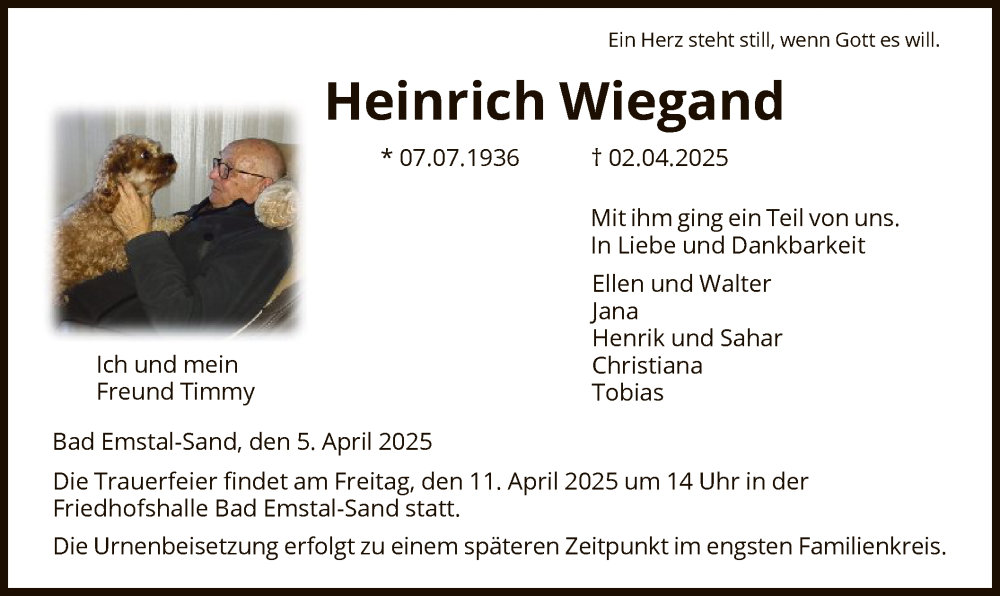  Traueranzeige für Heinrich Wiegand vom 05.04.2025 aus HNA