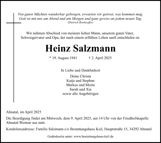 Traueranzeige von Heinz Salzmann von HNA