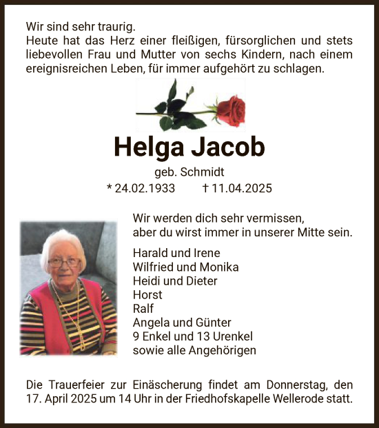Traueranzeige von Helga Jacob von HNA