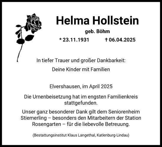 Traueranzeige von Helma Hollstein von HNA