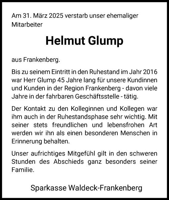 Traueranzeige von Helmut Glump von HNA