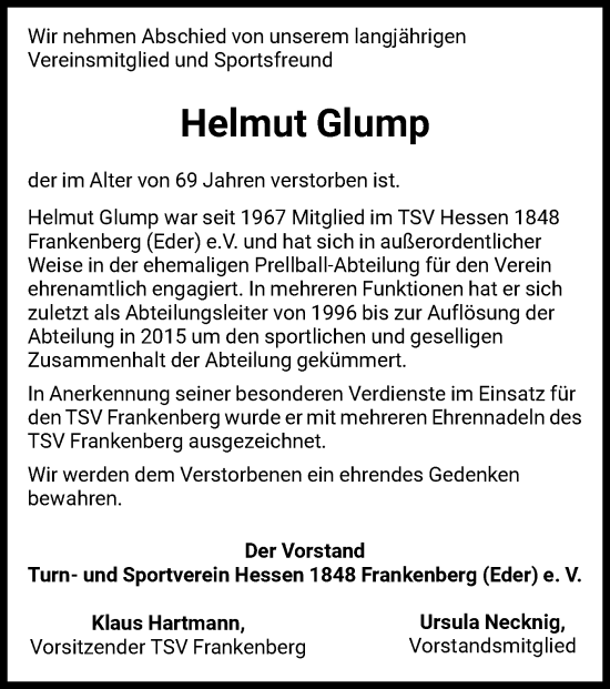 Traueranzeige von Helmut Glump von HNA