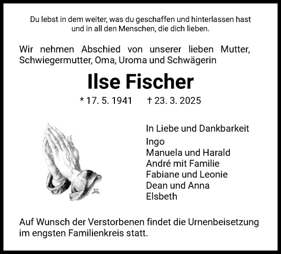 Traueranzeige von Ilse Fischer von HNA