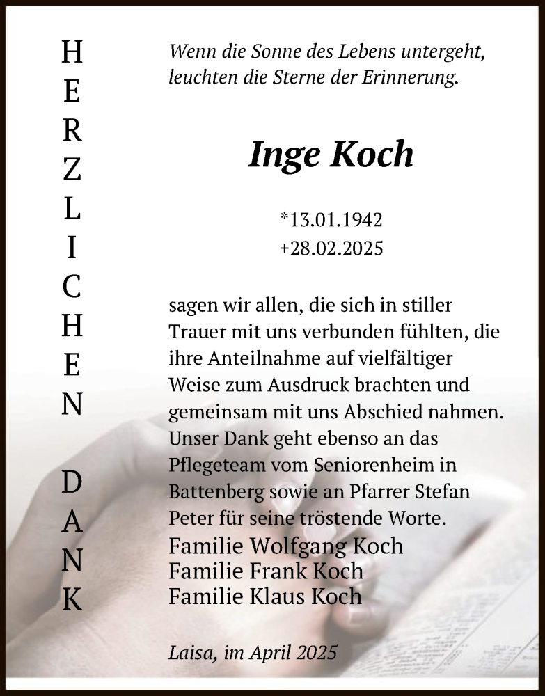  Traueranzeige für Inge Koch vom 07.04.2025 aus HNA