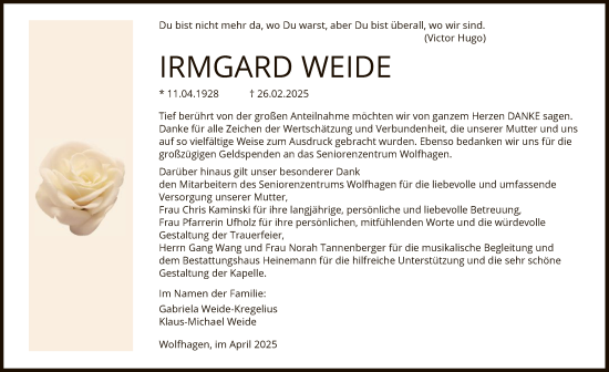 Traueranzeige von Irmgard Weide von HNA