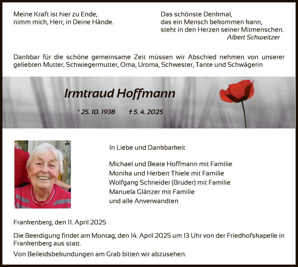  Traueranzeige für Irmtraud Hoffmann vom 11.04.2025 aus HNA
