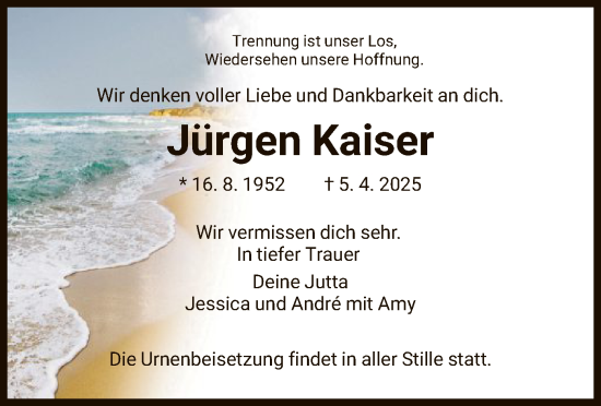 Traueranzeige von Jürgen Kaiser von HNA
